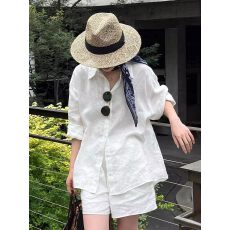 批发老钱风两件套棉麻衬衫无口袋 +短裤时尚亚麻衬衫套装女夏宽松