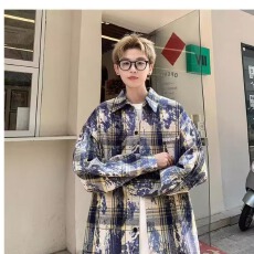 批发蓝色泼墨<b class='q'>格子衬衫</b><b class='q'>男</b>女同款2025春秋新款上衣设计感美式扎染外套潮