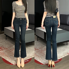 批发小个子新款高腰<b class='q'>微喇</b><b class='q'>牛仔裤</b>女秋季深蓝色弹力修身显瘦喇叭九分裤