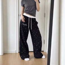 刺绣#美式宽松条纹休闲裤女2026新款高腰直筒阔腿运动裤子