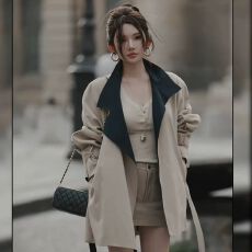 批发韩版卡其色系带气质撞色中长款风衣外套女新款收腰显瘦时尚大衣