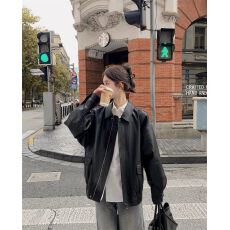 批发复古棕色<b class='q'>皮衣</b>女<b class='q'>短款</b>2024春秋季小个子韩版宽松皮夹克帅气机车外套