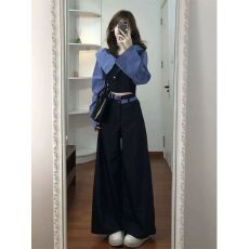 批发学院慵懒风一字肩条纹拼接上衣女2025新款显瘦修身垂感休闲裤套装