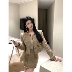批发高级感<b class='q'>小香</b>风金色编织亮片羊毛呢短外套女圆领钉珠洋气短裙<b class='q'>套装</b>