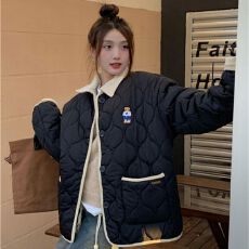 小熊刺绣polo领菱格纹棉衣棉服女冬季设计感宽松夹棉加厚棉袄外套