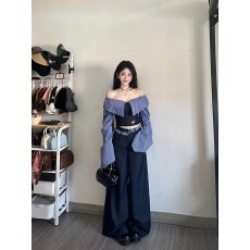 批发学院慵懒风一<b class='q'>字</b>肩条纹拼接上衣女2025新款显瘦修身垂感休闲<b class='q'>裤</b>套装