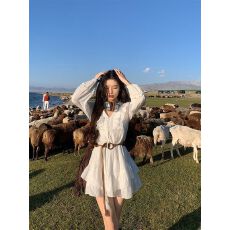 批发白色荷叶边<b class='q'>长袖</b>V领衬衫连衣裙女初秋新款甜美设计感收腰显瘦短裙