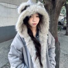 批发座山雕猫耳毛领连帽棉服女冬季新款美式短款麂皮毛绒加厚外套情侣