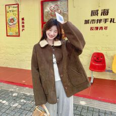 批发两面穿皮毛一体羊羔毛棉服翻领麂皮复古高级感毛毛厚外套秋冬季女