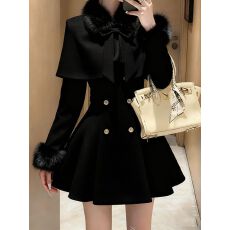 批发小香风黑色毛边领斗篷外套女2025秋季新款巨好看的轻奢收腰连衣裙