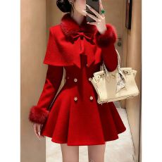 批发小香风红色披肩斗篷外套女冬季2025新款气质收腰显瘦连衣裙两件套