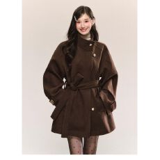 批发复古高级感立领毛呢外套2025秋冬新款系带收腰显瘦气质棕色大衣