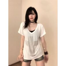 批发美式<b class='q'>街头</b>亚系十字架烫铜V领短袖T恤摇滚女夏宽松慵懒上衣