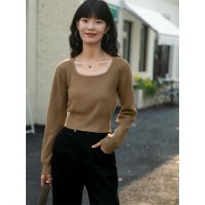 批发春秋季法式方领修身紧身长袖打底针织衫上衣小个子短款毛衣女内搭