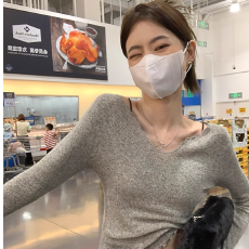 批发薄款V领长袖针织衫女内搭春秋新款木耳边短款修身正肩打底衫上衣