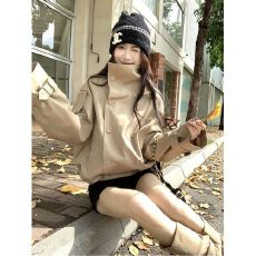 批发高级感气质翻领风衣外套女秋季立领短款美拉德卡其色开衫宽松上衣