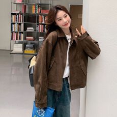 批发美拉德短款麂皮绒外套女春秋装美式复古慵懒chic又酷又飒<b class='q'>皮衣</b>夹克