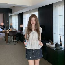 批发朦胧仲夏 条纹娃娃衫<b class='q'>短袖</b>浅蓝色条纹<b class='q'>衬衫</b>女夏季<b class='q'>衬衣</b>上衣