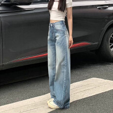 批发浅蓝色个性做旧阔腿牛仔裤女2025<b class='q'>夏</b>季高腰宽松显瘦垂感直筒拖地裤