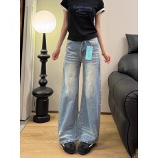 批发做旧潮流时髦垂感学生外穿百搭蓝色阔腿<b class='q'>牛仔裤</b>女2025新款秋日薄款