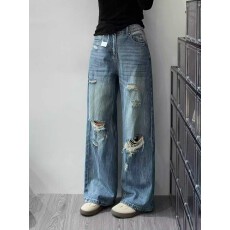 批发学生外穿时尚蓝色阔腿大码遮肉破洞<b class='q'>牛仔裤</b>女高腰宽松直筒拖地裤子