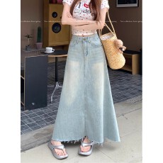 批发浅蓝色水洗气质毛边牛仔裙女2025秋季新款高腰垂感长裙宽松A字裙