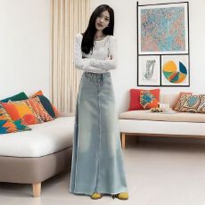 批发大码复古半身裙女装2025新款秋季高腰水洗磨白浅蓝胖MM遮肚<b class='q'>牛仔裙</b>