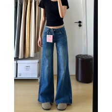 批发韩系ins设计感竹节纹微喇<b class='q'>牛仔裤</b>女秋季学生高腰显瘦宽松微喇长裤