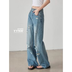批发美式破洞<b class='q'>牛仔裤</b>女高腰潮流学生秋日外穿梨形身材宽松显瘦阔腿裤子