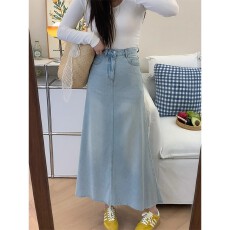 批发浅蓝色百搭韩版毛边牛仔半身长裙女高腰修身显瘦显腿长百搭牛仔裙
