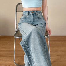 批发高腰收腹<b class='q'>提</b><b class='q'>臀</b>宽松遮胯遮肉直筒牛仔长<b class='q'>裤</b>女冬季垂感小个子显高牛仔