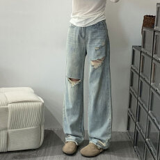 批发高腰收腹宽松遮胯破洞阔腿<b class='q'>牛仔裤</b>女冬季2025年直筒显瘦宽松拖地裤