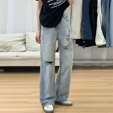 批发2025年高腰阔腿裤破洞高腰牛仔长裤女宽松冬季新款显瘦设计感小众