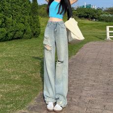 批发冬季阔腿裤破洞高腰<b class='q'>牛仔裤</b>女宽松甜酷百搭显瘦设计感小众休闲长裤