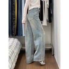 批发大码破洞<b class='q'>牛仔裤</b>女冬季潮款胖mm阔腿裤高腰宽松小个子显高直筒长裤