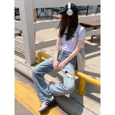 批发慵懒风盐系复古高腰直筒<b class='q'>牛仔裤</b>女大码胖mm宽松显瘦拖地阔腿长裤子