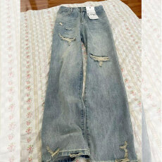 批发宽松冬季破洞薄款高腰阔腿<b class='q'>牛仔裤</b>女新款显瘦拖地裤小众设计感长裤