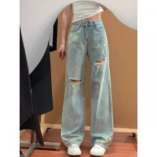 批发阔腿大码2025时尚破洞<b class='q'>牛仔裤</b>女冬日百搭显瘦宽松薄款拖地直筒长裤