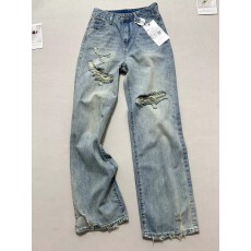 批发高腰宽松舒适破洞潮酷<b class='q'>牛仔裤</b>女冬季小个子女美式浅蓝色直筒长裤女