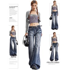 复古高腰通勤微喇牛仔裤女冬季高街美式宽松小个子不贴腿喇叭裤子