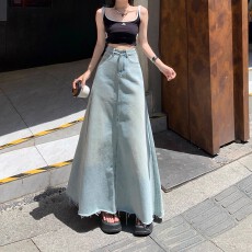 批发浅蓝色半身裙女冬日梨形身材修身牛仔长裙<b class='q'>大码</b>高腰显瘦显高牛仔裙