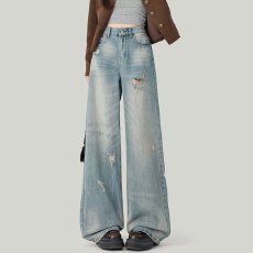 批发舒适美式休闲破洞阔腿牛仔裤女冬日外穿通勤高腰直筒百搭拖地长裤