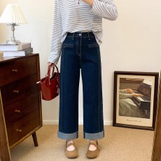 批发遮肉深蓝色<b class='q'>牛仔裤</b>2025冬季复古高腰显瘦拼接感设计九分阔腿<b class='q'>牛仔裤</b>