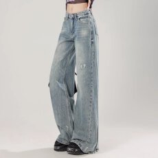 批发复古蓝色磨白竹节纹猫须<b class='q'>牛仔裤</b>高级感美式水洗宽松遮肉阔腿<b class='q'>牛仔裤</b>