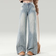 批发休闲直筒<b class='q'>牛仔裤</b>2025年冬季蓝色宽松百搭显瘦显高阔腿牛仔长裤子潮