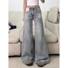 批发2025冬日潮流松弛感阔腿<b class='q'>牛仔裤</b><b class='q'>女</b>高腰宽松美式复古蓝色直筒拖地裤