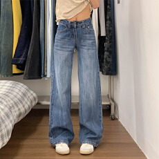 批发蓝色直筒<b class='q'>牛仔裤</b><b class='q'>女</b>2025年宽松舒适休闲设计感遮跨显瘦显高阔腿长裤