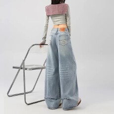 批发美式复古蓝色<b class='q'>牛仔裤</b>女春季2026休闲舒适宽松直筒阔腿拖地牛仔长裤