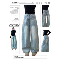 批发美式口袋刺绣<b class='q'>牛仔裤</b>女2026年春季高腰水洗显瘦宽松拖地阔腿<b class='q'>牛仔裤</b>