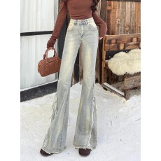 批发复古高腰怀旧蓝微喇牛仔长<b class='q'>裤</b>子2026年春日宽松不贴<b class='q'>腿</b>显瘦微喇长<b class='q'>裤</b>